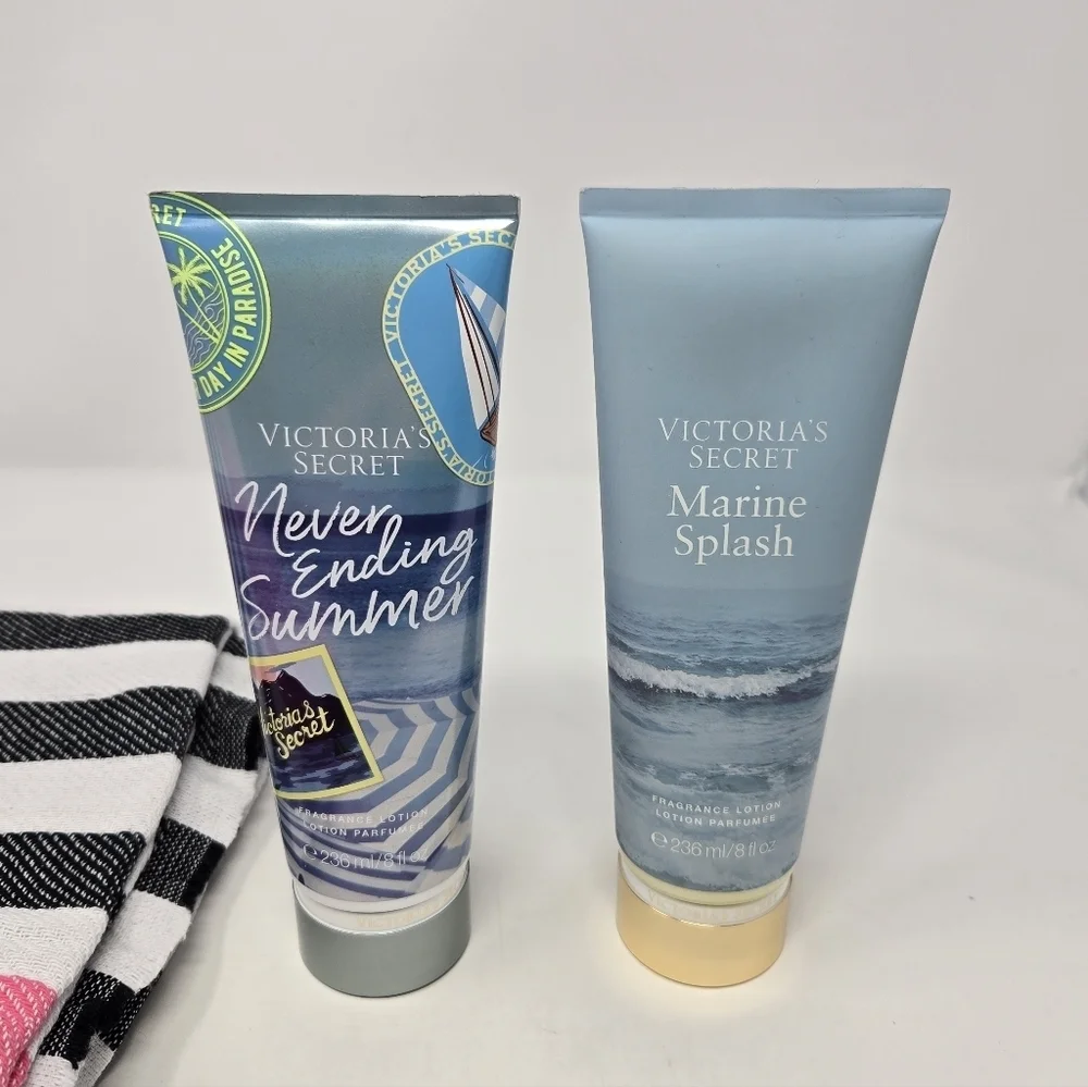 VICTORIA'S SECRET SUMMER BUNDLE BEACH TOWEL SET OF 2 FRAGRANCE BODY LOTION 8 OZ